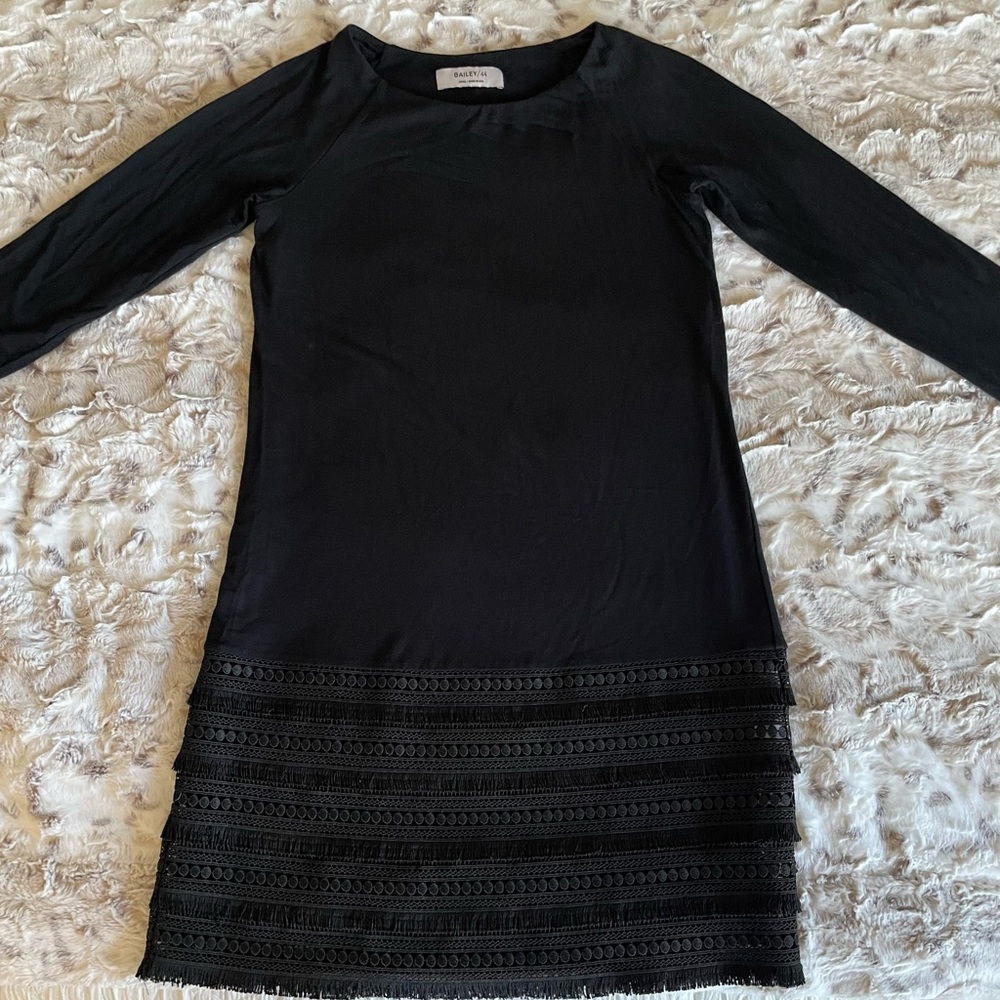 EUC Bailey 44 Medianoche Black Dress Tiered Fringe. Size Small.